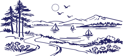 Naklejka premium Hand-drawn lake landscape with sailboats, mountains, and pine trees doodle. Minimalist nature scene sketch with sunset, birds, and sailboats on water 