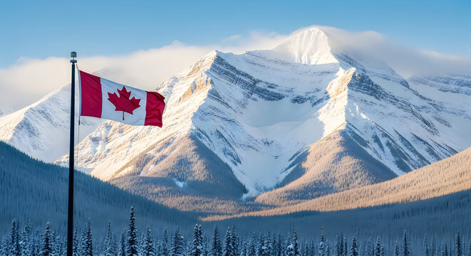Canadian flag waving in front of snowy mountain landscape