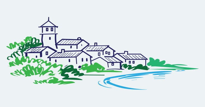Mediterranean coastal village doodle with houses, church tower, and sea line art. Hand-drawn European seaside town illustration with houses and waterfront
