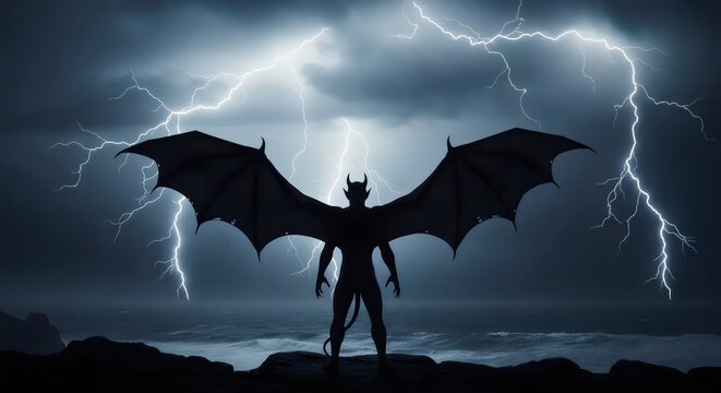 Atmospheric mystical composition of devil wings spread across thunderous sky illuminated by electric flashes