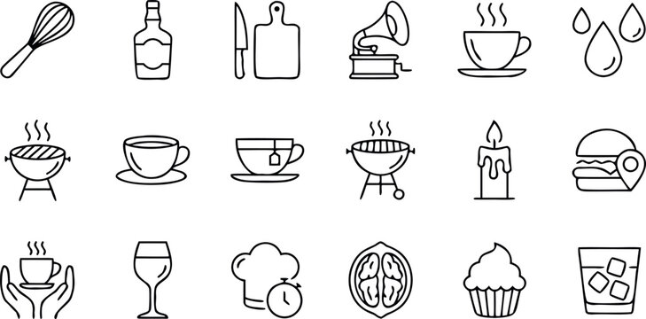 Set of Kitchen Cooking Food Drinks BBQ and Lifestyle Line Icons Isolated on White Background