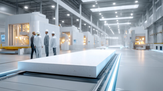 Ultra-realistic luxury ceramic factory interior showing a giant white slab (12x2.5 feet) being manufactured on a sleek conveyor line. Engineers and supervisors in formal attire obs