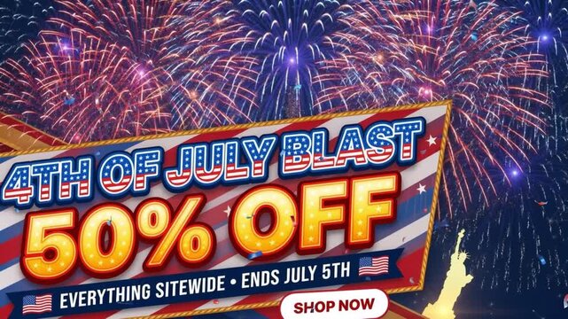 4th of July Independence Day Sale Promo with Fireworks, Rockets, and 50% Off Discount Banner