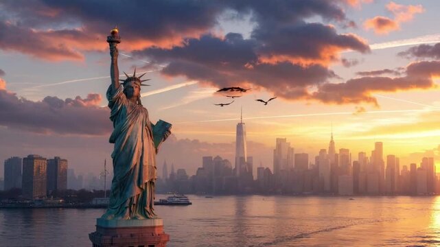 Statue of Liberty at Sunset with New York City Skyline and Birds Flying, Cinematic Aerial View of Manhattan