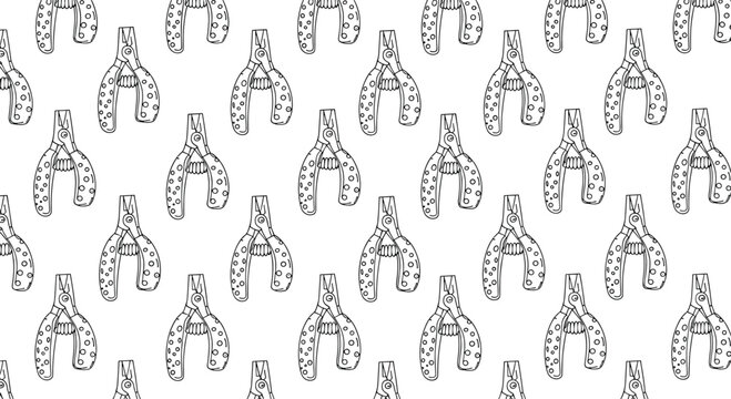 Repeated pattern of pet grooming tools featuring specialized nail clippers for dogs and cats in a minimalist black and white line art style.