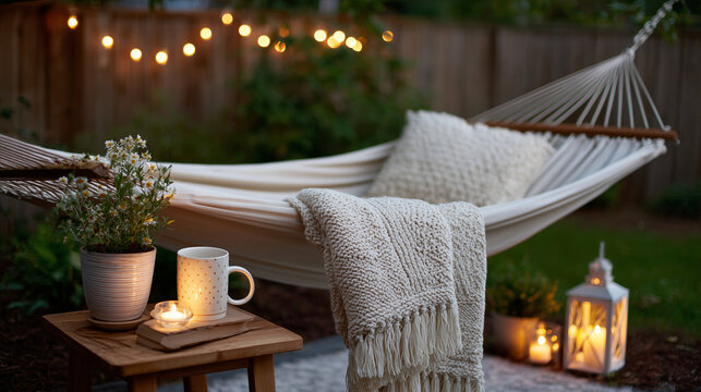 photography, simple home backyard at night, plain cotton hammock with cozy knit blanket and small pillow, warm mug on a small wooden side table, two lit pillar candles ne