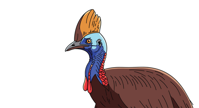 Detailed colorful illustration of a cassowary bird head and neck showing its distinctive blue skin red wattles and brown feathers.