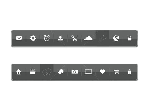 Gray rectangular toolbar icons with various white symbols on white background  web design elements