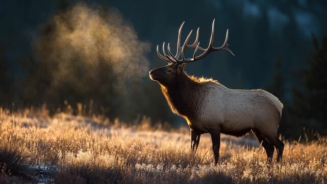 Male Elk Bugling in Rocky Mountains at Sunrise Wildlife Scene