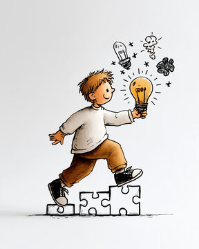 Creative Mind at Play: An illustrated child ascends puzzle-piece steps, brandishing a glowing lightbulb, with creative thoughts emerging, symbolizing the blossoming of ideas and innovative thinking.