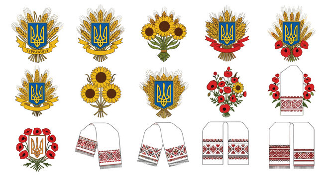 Traditional ukrainian symbols collection including the trident national coat of arms sunflowers poppies and towels.