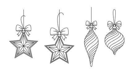 Naklejka premium Collection of four hanging christmas ornaments including stars and teardrop shapes decorated with elegant ribbon bows.