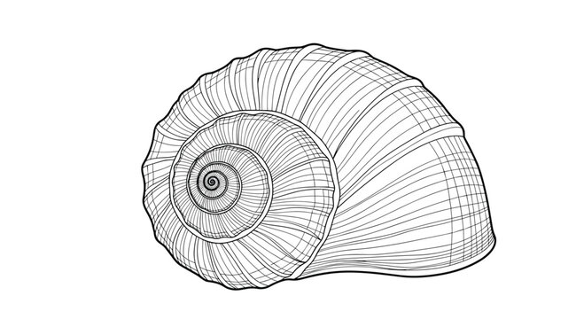 Detailed black and white illustration of a spiral snail shell showing intricate texture and growth patterns of the sea.