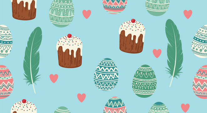 Festive easter pattern featuring decorated holiday eggs traditional cakes with icing green feathers and pink hearts.