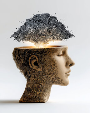 Unleashing Thoughts: A conceptual artwork depicts an open human head with a cloud of dark matter materializing above, symbolizing the power of ideas. 
