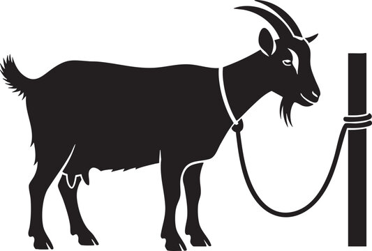 Silhouette illustration of a goat tethered to a wooden post with silhouette