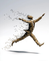 Fototapeta premium Ephemeral Ascent: A stylized figure of a person leaping forward, comprised of intricate particles that dissolve and dissipate as they move. The image evokes a sense of freedom, transformation.