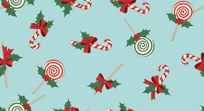 Festive Christmas candy seamless pattern with candy canes and lollipops on a light blue background for decor.