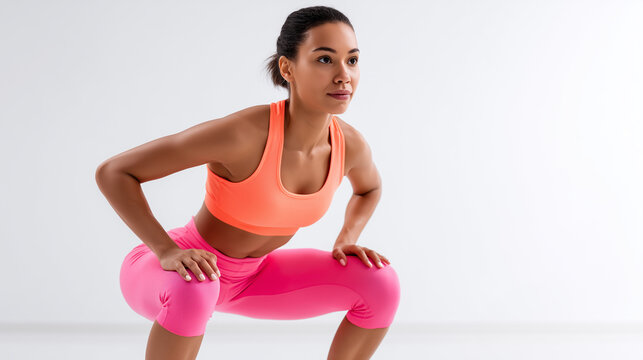 A beautiful 40 years old woman in sportswear in pink and orange is doing tabata. Isolated on white background