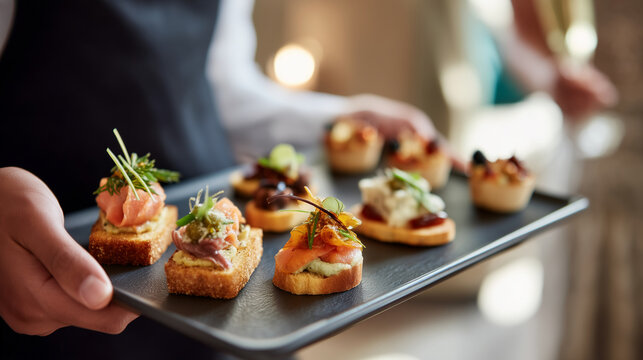 photo of A waiter holding a tray of finger food canaps inspired by space during a luxurious social event