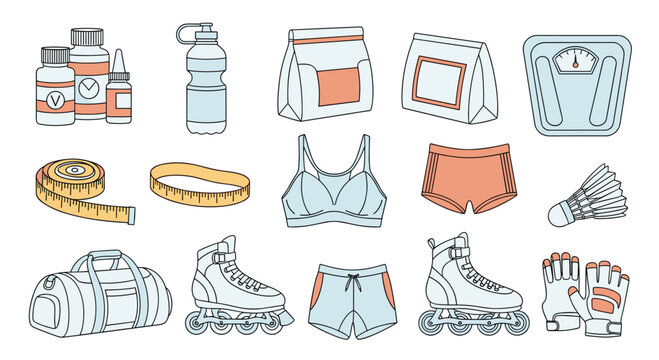 Extensive collection of fitness and weight loss icons including sportswear equipment and nutrition elements.