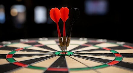 Fototapeta premium Macro detail of darts striking center circle under shallow depth of field representing focus and sports success