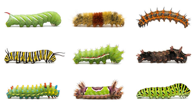 Collection of various colorful caterpillar species isolated on white background. Different larvae types including monarch and moth larvae for educational and biology nature design projects.