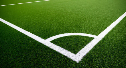 Obraz premium Close up of soccer field corner kick area on green artificial grass with football artificial athletic recreation competition professional training sporting activity
