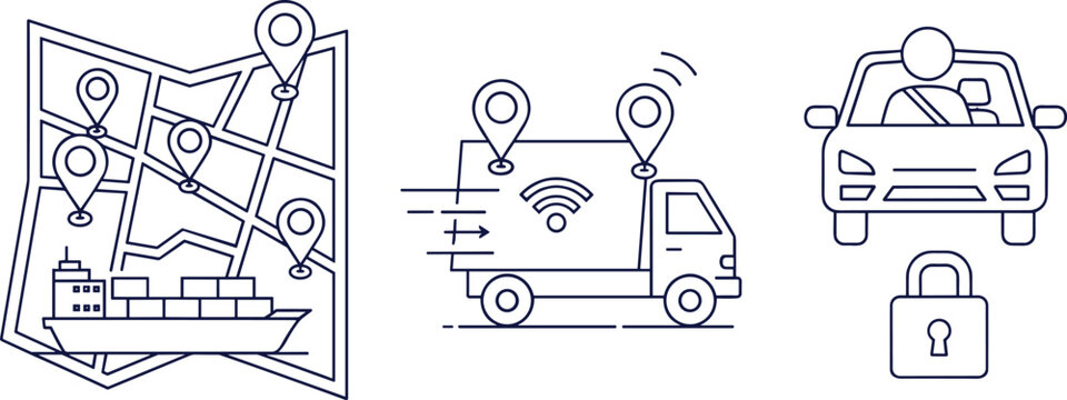 Logistics delivery tracking system with GPS map, smart transport vehicle, security lock, and location monitoring vector illustration
