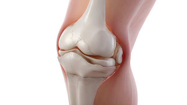 Detailed clinical illustration of patellar dislocation in knee joint with visible bones and red highlighted area indicating pain or injury