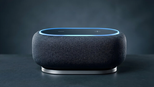 3D Render Modern Smart Speaker With Glowing Blue Light Ring And Metallic Base On Dark Studio Background