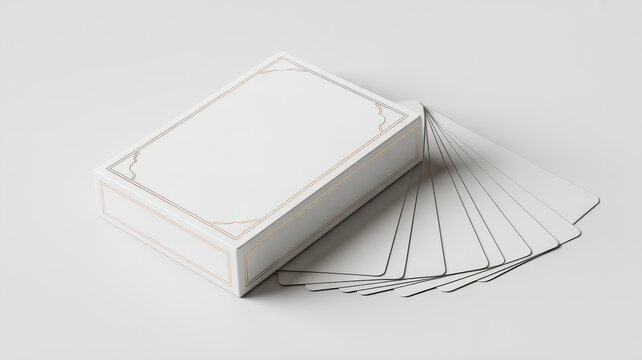 A blank white gift box with elegant gold border trim, accompanied by a fanned out stack of blank white cards on white background