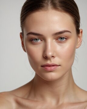 Retrato frontal de mujer con piel uniforme, maquillaje nude y mirada directa en estilo skincare