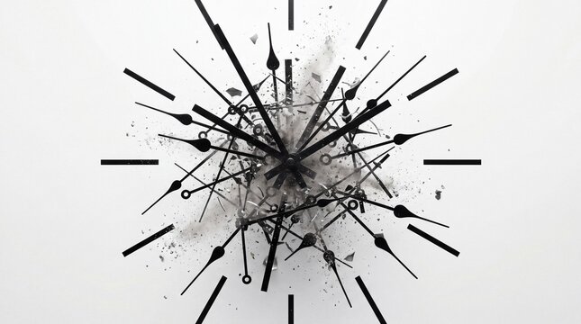 Exploding clock with spinning hands representing panic, anxiety, and racing thoughts