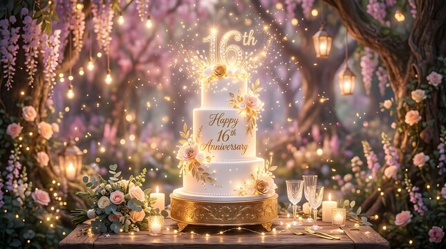 Elegant 16th anniversary cake with gold decorations in a magical enchanted garden with glowing lights at night