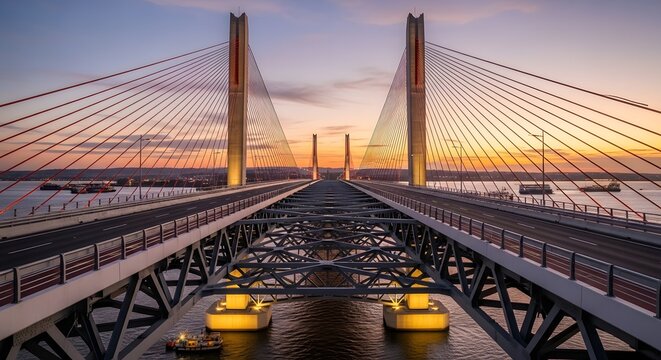 Innovative pedestrian bridge design with glass flooring and monorail track in a modern urban environment.