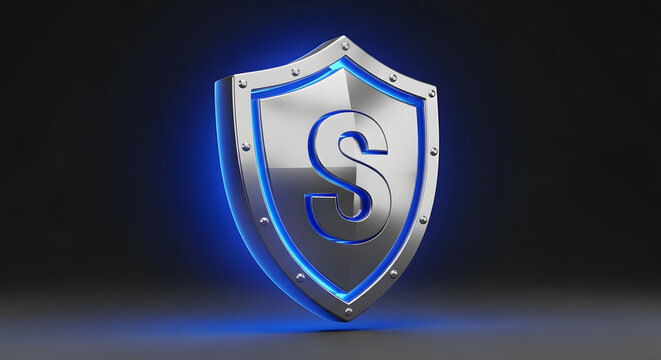 Metallic shield with glowing blue outline and letter s emblem symbolizing security protection and safety against digital threats in a dark futuristic environment