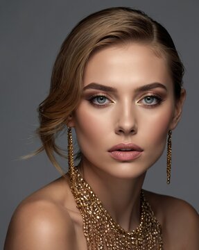 Retrato beauty de mujer con maquillaje elegante, piel luminosa y pendientes dorados sobre fondo gris