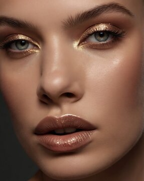 Primer plano de rostro femenino con labios brillantes, maquillaje elegante y piel glow