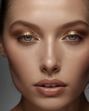 Primer plano frontal de rostro femenino con maquillaje dorado en ojos y piel luminosa