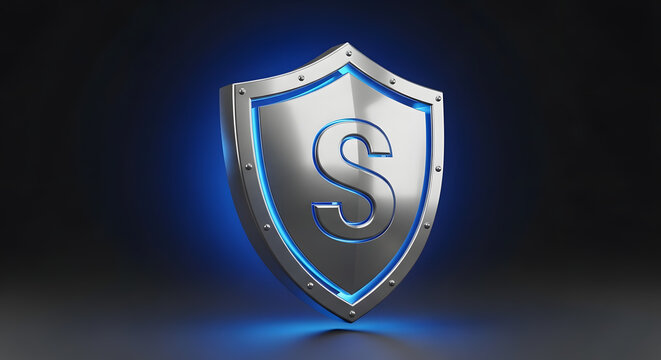 Metallic shield symbol with glowing blue outline and letter s engraved representing security protection safety trust and strength against dark background