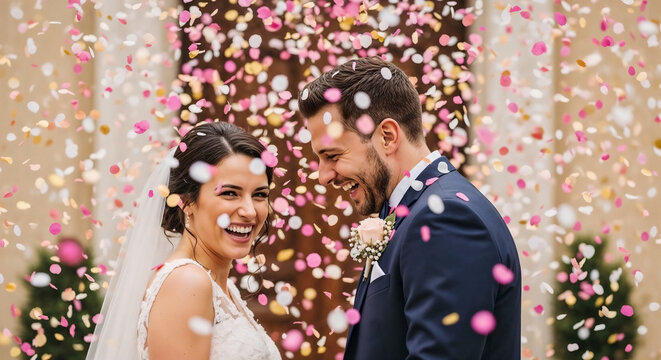Bride and Groom Smiling Joyfully Under Colorful Confetti Shower for Wedding Blogs, Romantic Websites, Celebration Invitations, and Social Media Content