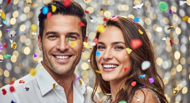Bride and Groom Celebrating with Confetti in a Joyful Atmosphere for Wedding Blogs, Event Planning Websites, and Social Media Celebrations