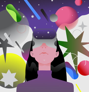 Illustration of a woman wearing a virtual reality. Surrounded by colorful geometric shapes. Trendy vector illustration.