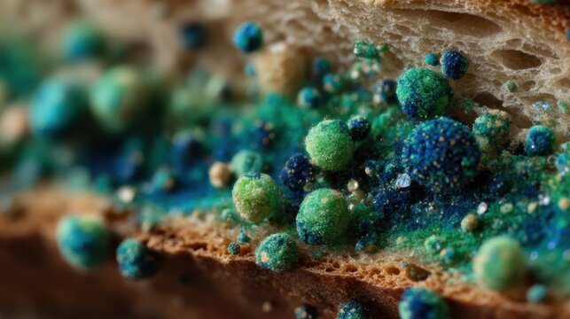 Fungi and bacteria on bread surfaces show variety of colors and textures