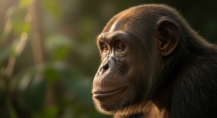 Obraz premium Closeup of a chimpanzee in its natural habitat observing the surroundings with curiosity.