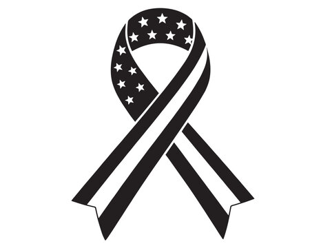 Thin black and white line ribbon, a symbolic American flag support emblem. Patriotic awareness ribbon vector graphic for solidarity and remembrance.