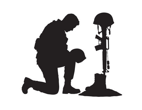 Solemn military tribute silhouette, fallen soldier memorial, black vector graphic for Veterans Day and remembrance designs