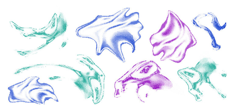 Set of abstract fluid organic shapes with halftone dither texture and grainy gradients in blue purple and teal colors for modern y2k aesthetic and futuristic digital design projects