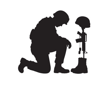 Solemn military tribute silhouette, fallen soldier memorial, kneeling army veteran honoring comrades, vector graphic for remembrance and patriotic designs.